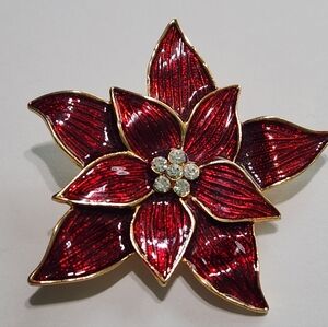 Vintage Eisenberg Ice Red Enamel & Rhinestone Poinsettia Flower Brooch